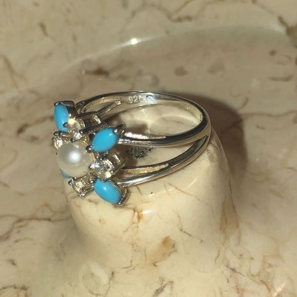 VTG Sterling Faux Turquoise Pearl White Cz Stone Flower Floral Ring Sz 8.75 - Picture 5 of 9